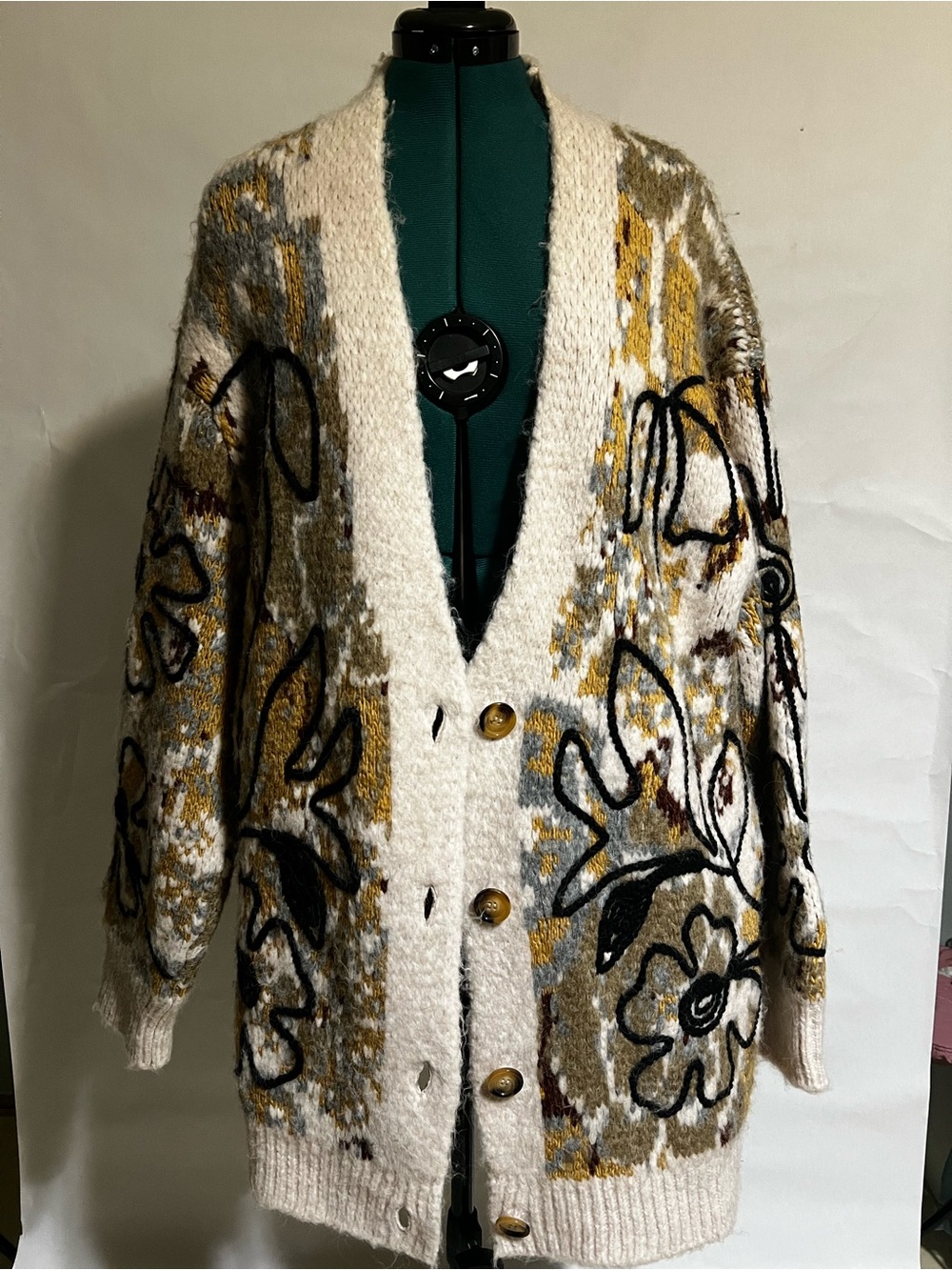 Free People Ivory Floral Embroidered Cardigan with Mustard & Black Accents